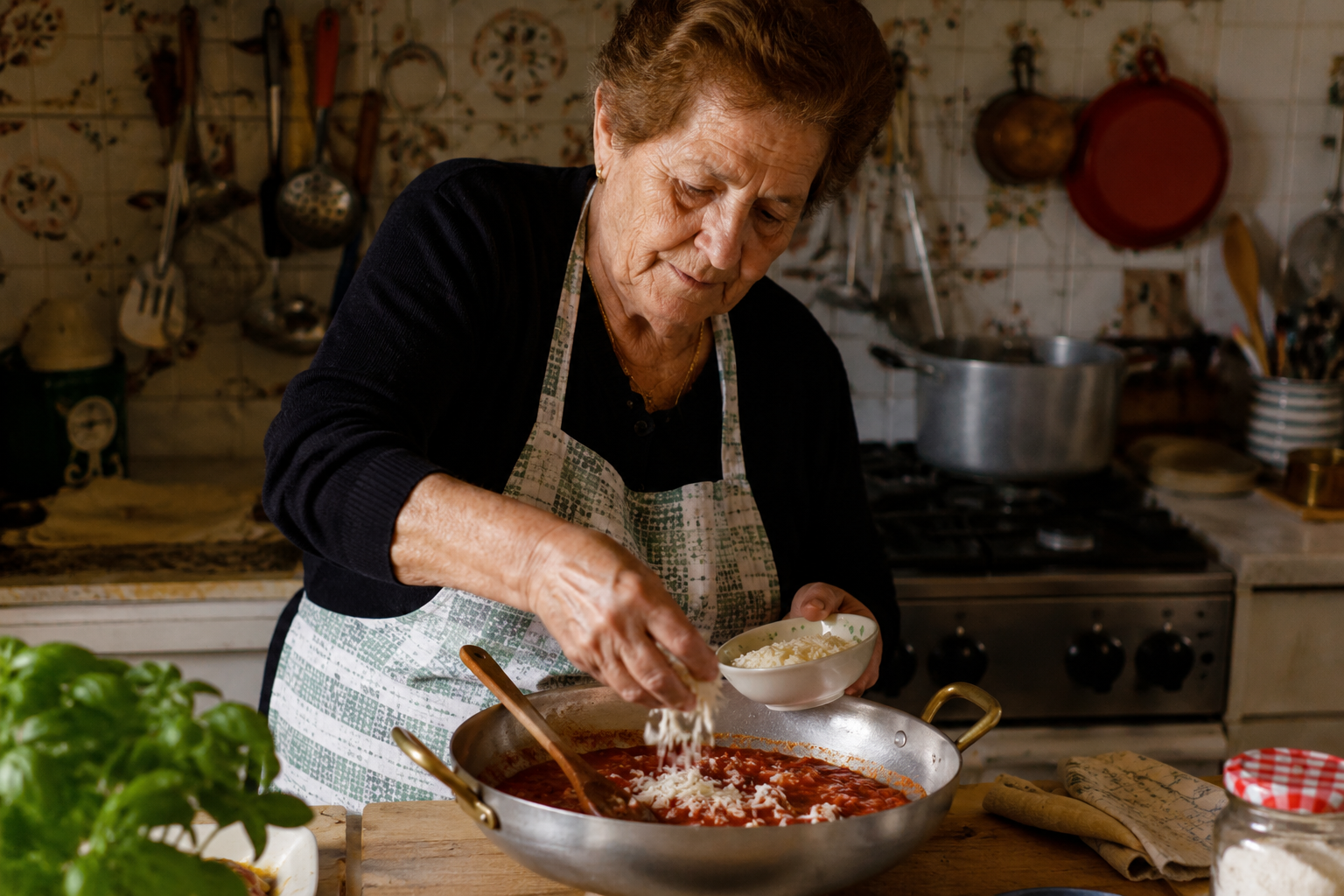 An Italian grandmother seasoning a traditional dish in her kitchen